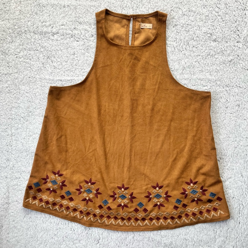 Women's Hollister Tan Suede Tribal Boho Embroidered Tank Top Size S